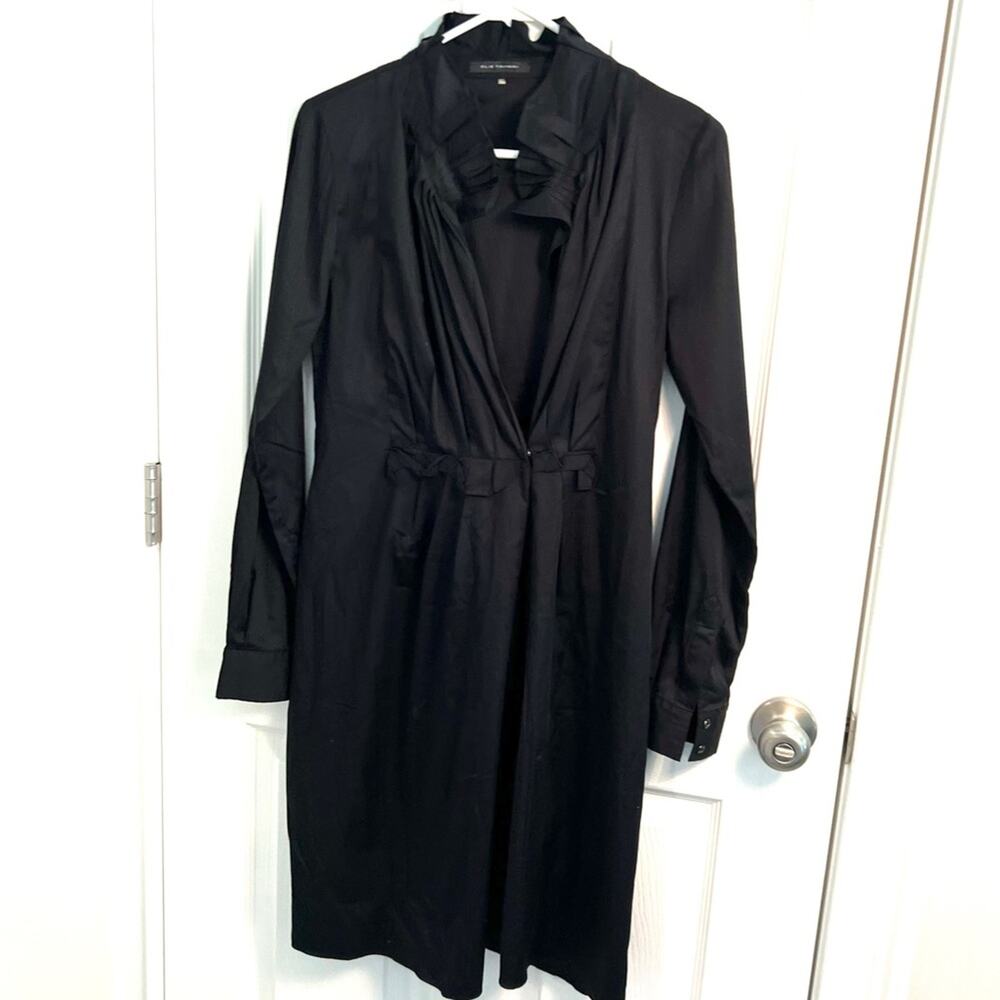 Elie Tahari Ruffle shirt Dress classic solid black long sleeve Fall Autumn 4